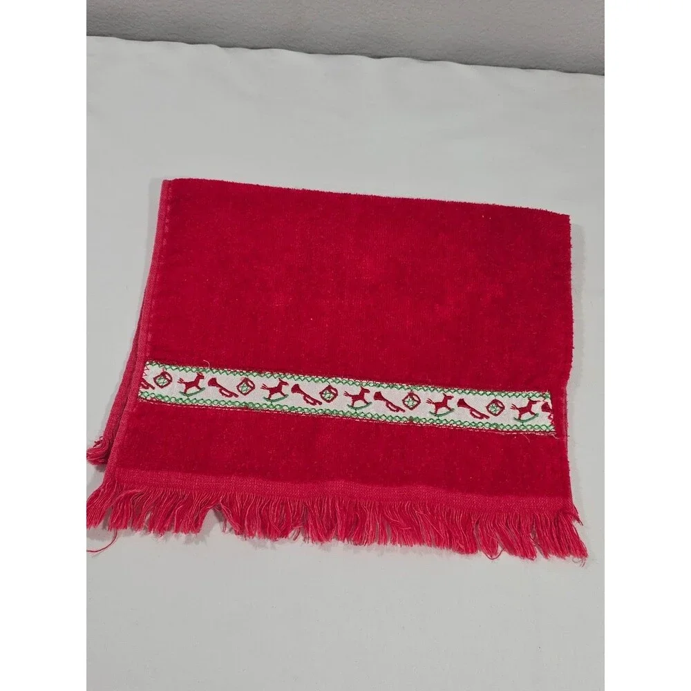 Vintage Lot Of 6 Red Christmas Finger Towels Hand Cannon & Misc Crossstitch
